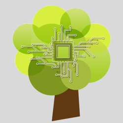 Immagine simbolica della tecnologia in fibra ecologica: un albero con un chip elettronico che rappresenta un'infrastruttura digitale sostenibile.